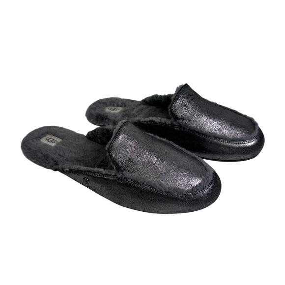 UGG Slippers 11 Lane Metallic Gunmetal Suede Fur Lined Sheepskin Loafer Mule - Picture 4 of 13